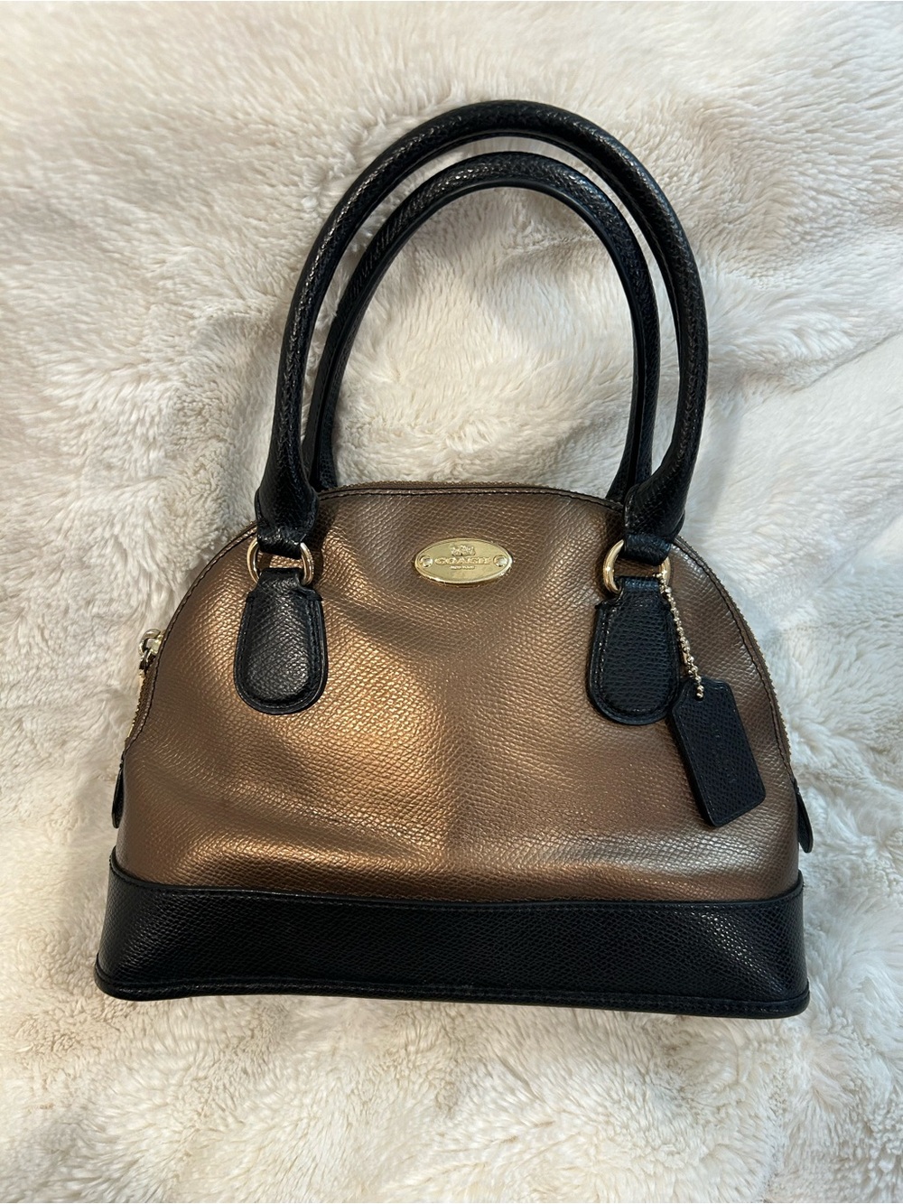 Coach Mini Cora Domed Satchel in Metallic Bronze and Black Leather (F36054)